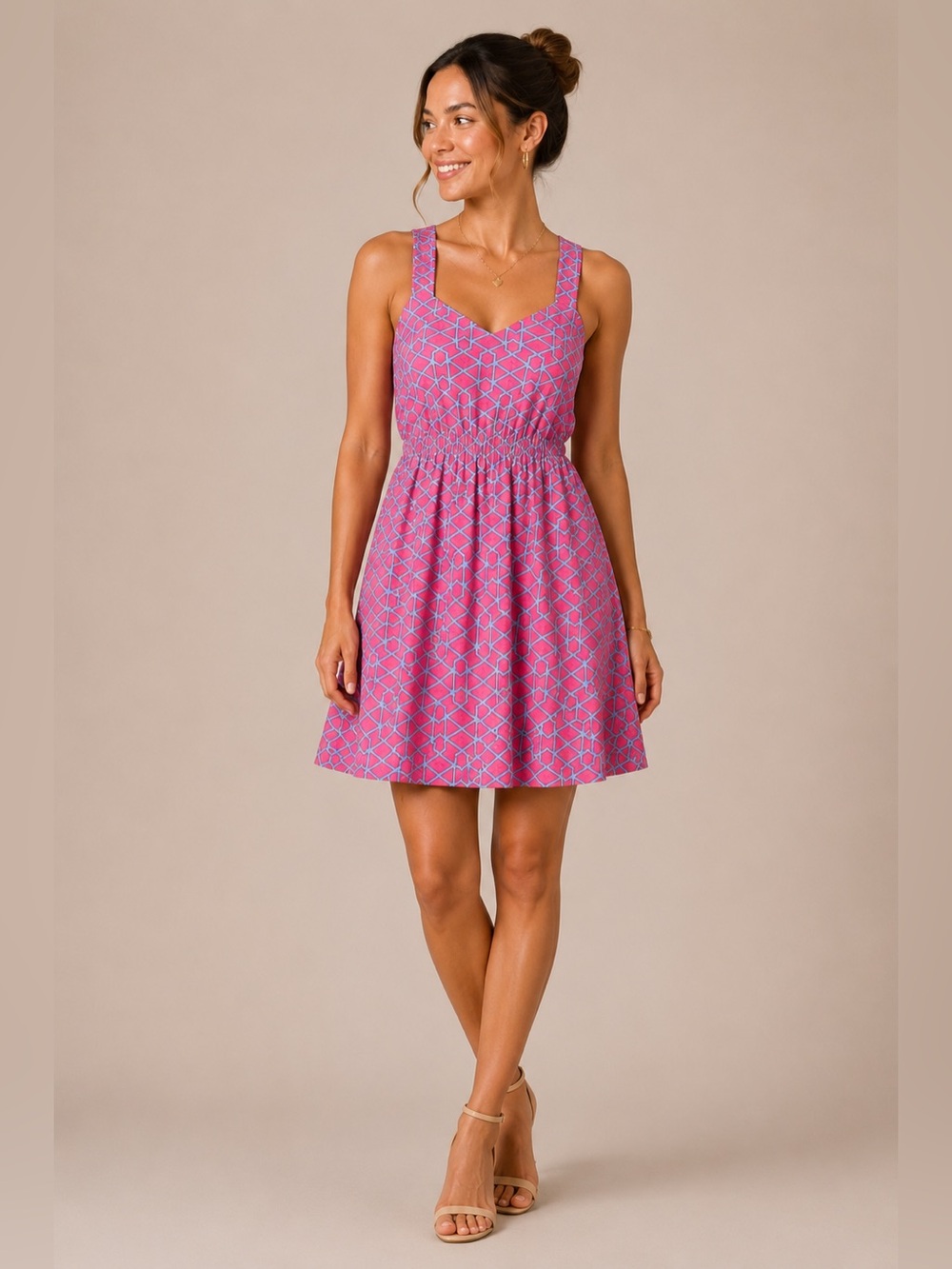 Ellen & Ollie Pink Blue Geometric Sundress Strappy Fit Flare Sz 10
